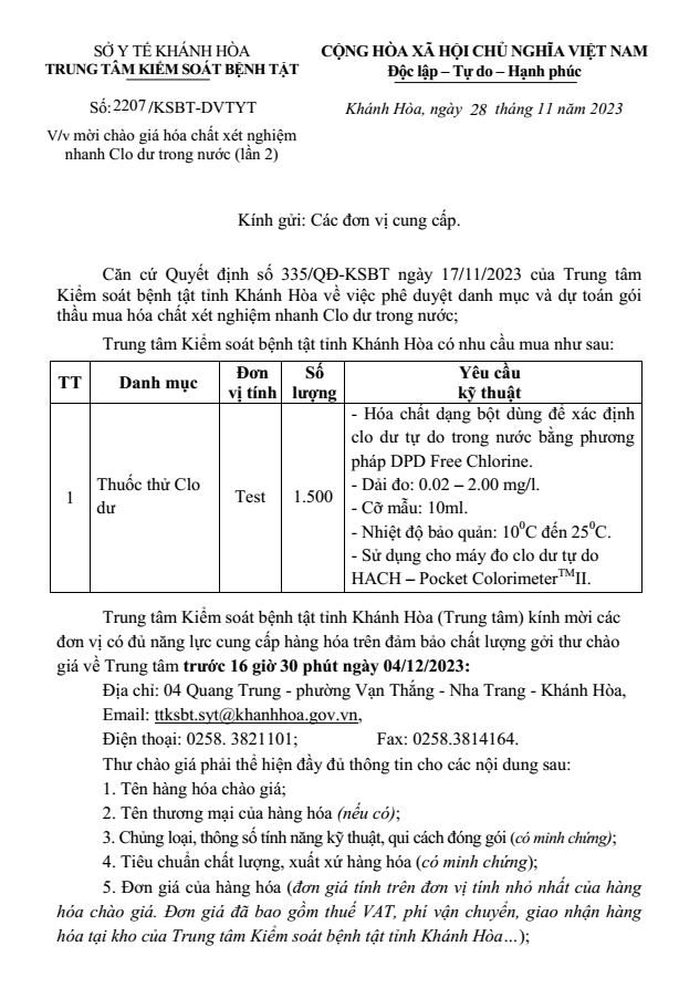 Mời chào giá hóa chất xét nghiệm nhanh Clo dư trong nước (lần 2)